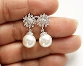 Pearl Jewelry Pearl Bridal Earrings Bridesmaid Earrings Posts Silver with White Swarovski Pearl Drops Wedding Jewelry