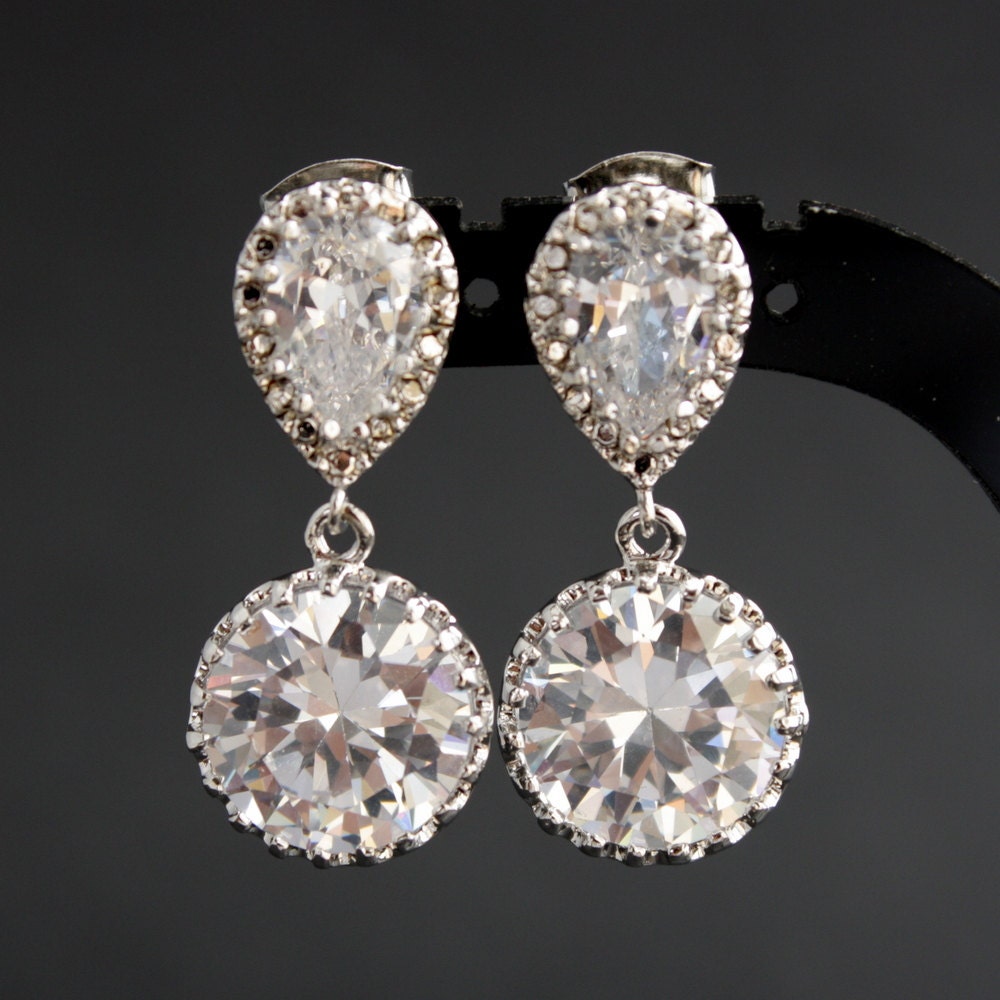 Wedding Jewelry Bridesmaid Earrings Bridal Earrings Round Cubic Zirconia Earrings Silver Post Stud Wedding Earrings