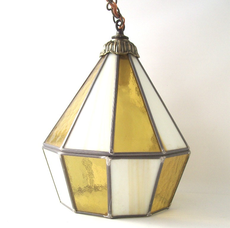 vintage stained glass swag hanging lamp lite lighting yellow white cut glass diamond ceiling mounted home decor decorative