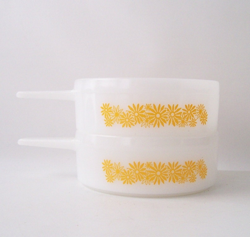 vintage glass bake soup bowls with handles white milkglass yellow sunflowers retro mid century modern serving food pair set 2