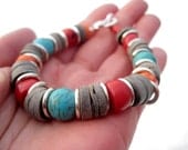 Gemstone Bracelet  Jewelry Teal Turquoise Red Coral Gray Shell Disks Chunky Toggle Clasp African OOAK Blue Orange Summer Birthday Gift