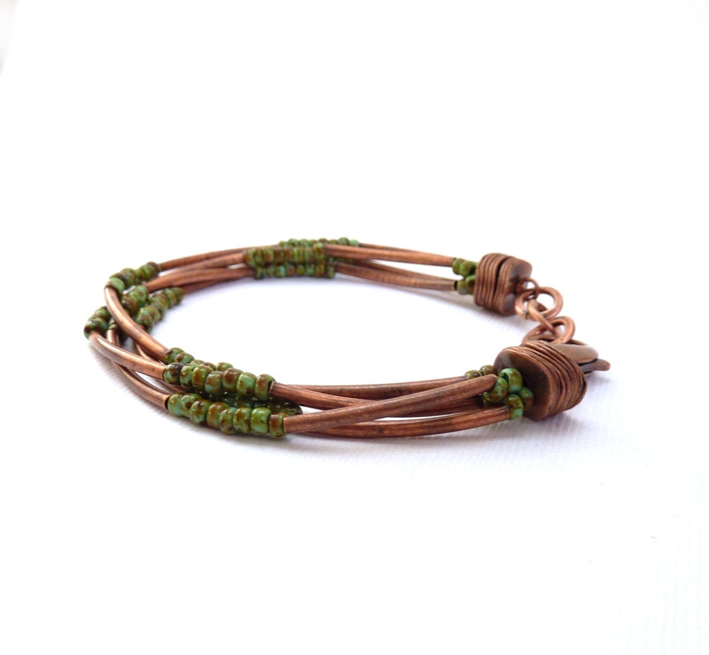 Industrial Multi Strand Bracelet, Copper Bracelet, Friendship Bracelet, Turquoise Picasso Seed Beads, Mixed Metal Jewelry