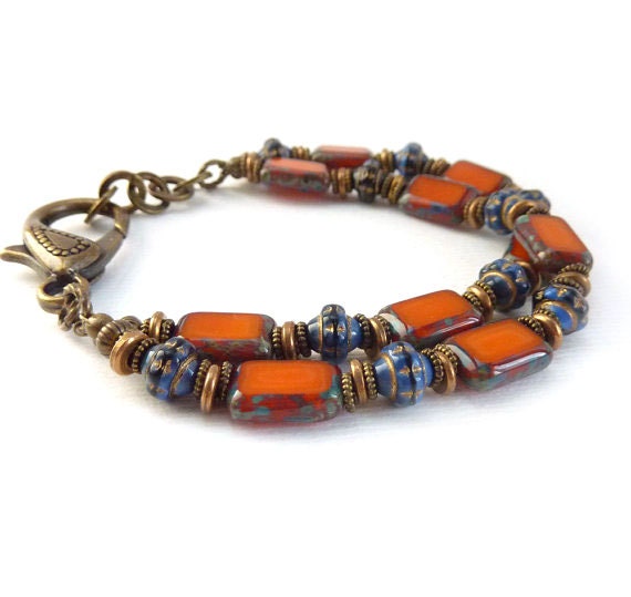 Orange Beaded Bracelet, Multistrand Bracelet, Cobalt Blue, Picasso Czech Glass, Bronze, Funky Bohemian Style Jewelry, Handmade