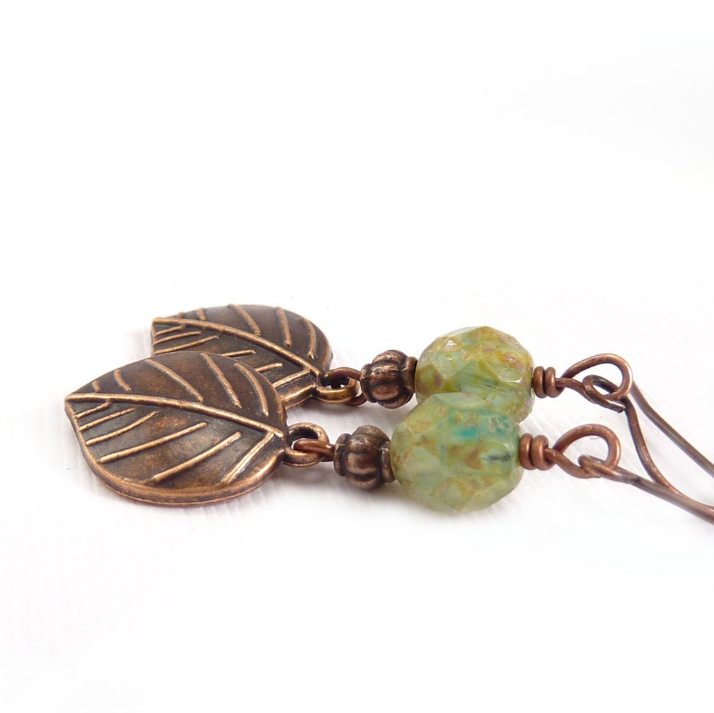 Leaf Dangle Earrings, Copper Leaves, Pale Green Picasso Glass Beads, Bohemian Earrings, Rustic Earrings