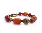 Orange Boho Bracelet, Jade Stones, Oxblood Red Picasso Glass, Chunky Beaded Bracelet, Funky Jewelry
