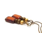 Orange Drop Earrings, Picasso Rectangle Glass, Yellow Beads, Antiqued Bronze, Short Petite Earrings, Yoga Earrings