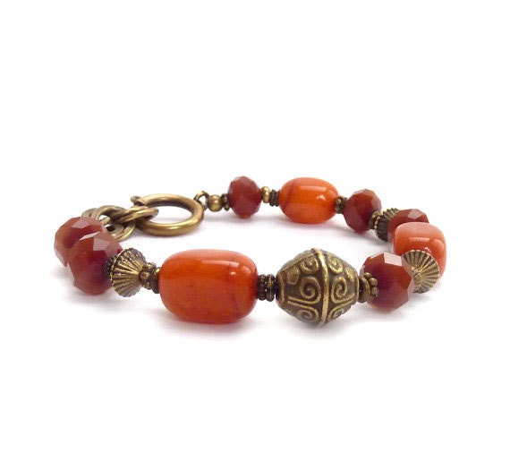 Orange Boho Bracelet, Jade Stones, Oxblood Red Picasso Glass, Chunky Beaded Bracelet, Bohemian Stacking Bracelet