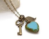 Skeleton Key Charm Necklace, Picasso Glass Heart, Bronze Leaf, Victorian Style Romantic Necklace, Feminine Jewelry