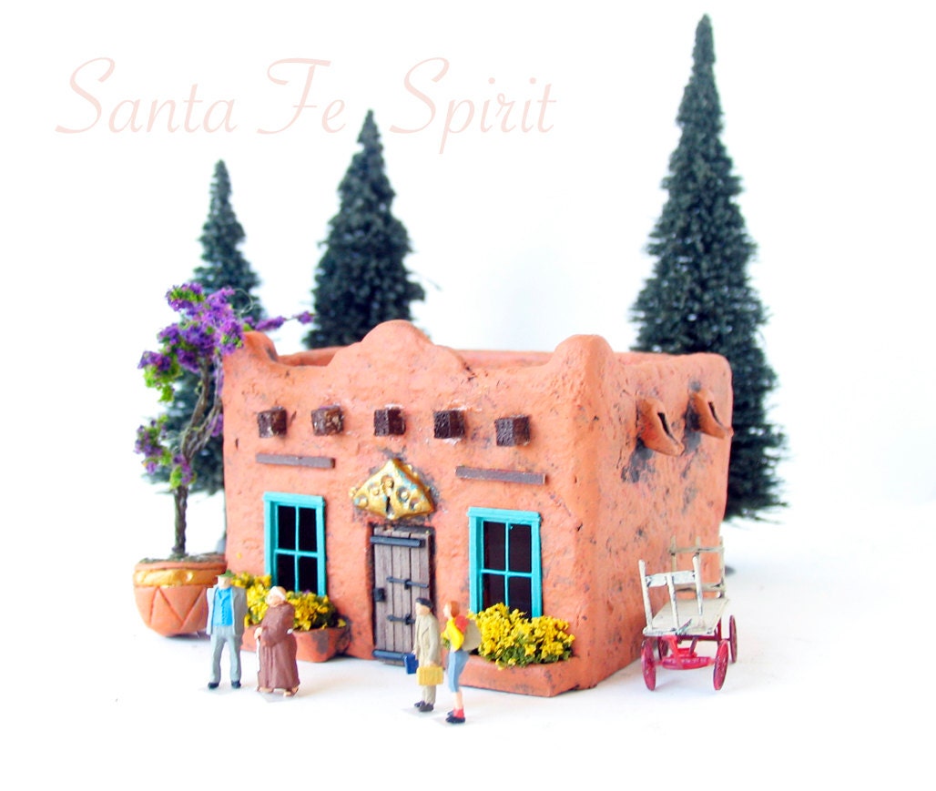 Santa Fe Spirit - Handmade and Hand-Painted Miniature Adobe Terracotta House with White Flowering Vine - HO Scale Building