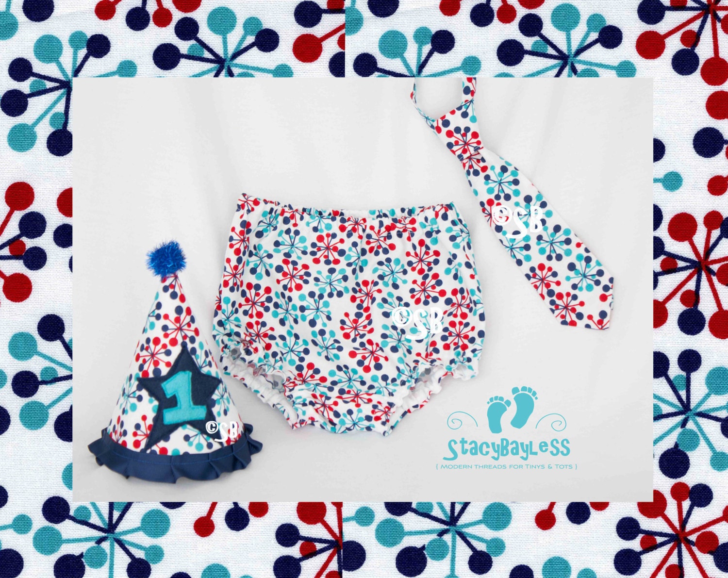 Party Hat - Diaper Cover - Necktie 3 PIECE SET in Starburst for Cake Smash or First Birthday - ORIGINAL Design by StacyBayless Baby - Boys