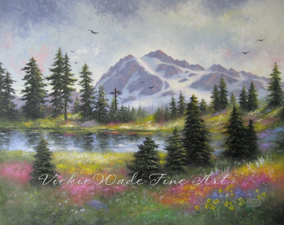 Mount Shuksan Original Oil Painting 24X30 landscape mountain art meadow trees flowers, Vickie Wade art
