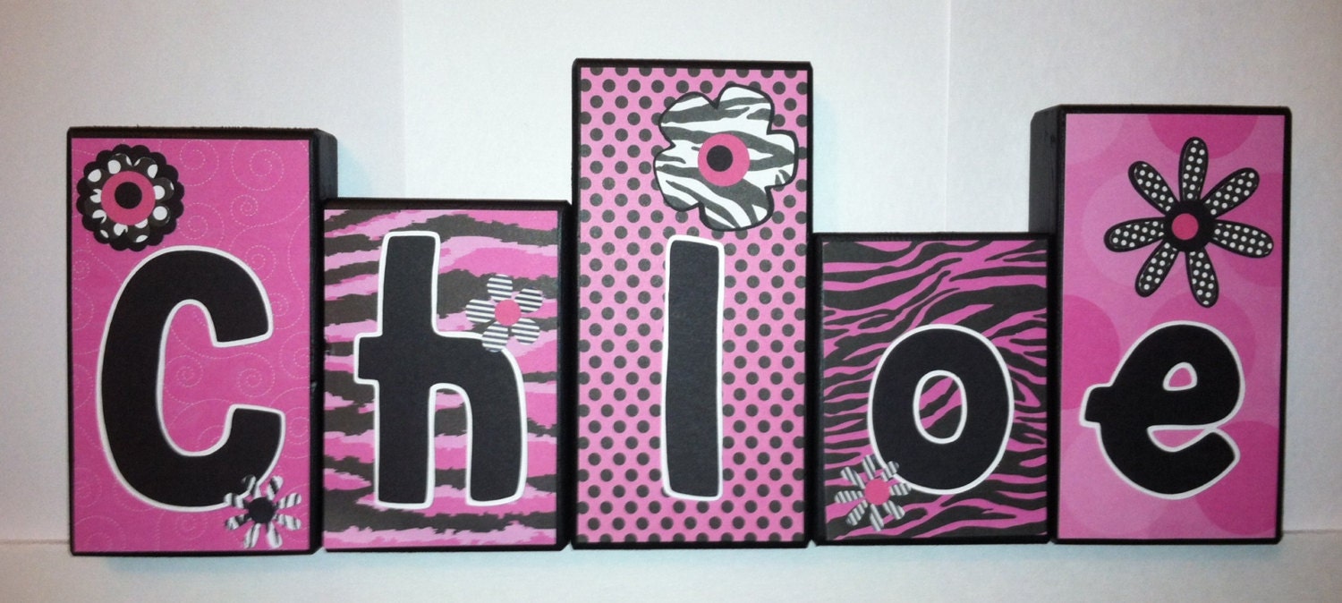 Personalized Wood Blocks - Baby/Teen Room Custom Names - Hot Pink Stars & Zebra Print - Baby Letter Blocks