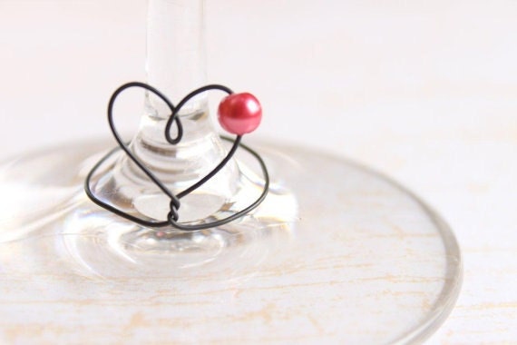 Wine Glass Charms (6) - Unique Heart Shape - Shabby Chic Heart and Pearl Wine Glass Charm set (6)