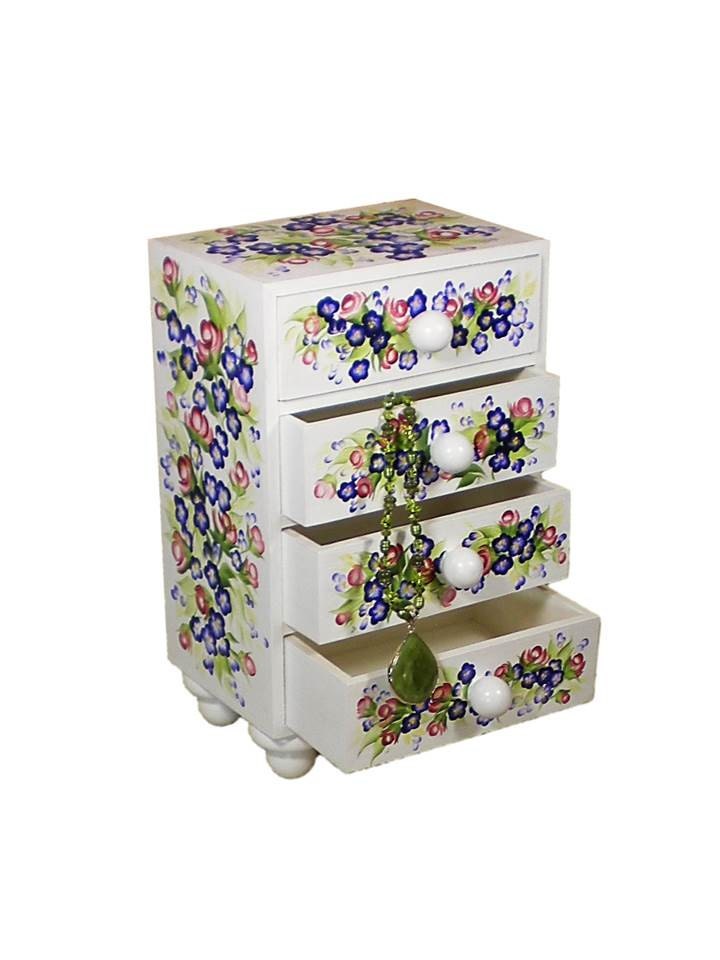 Hand Painted Jewelry Chest - Red Roses, Blue Flowers, Fresh Green Leaves, Wood Feet, Large 12 in. - Spring Mothers Day Easter