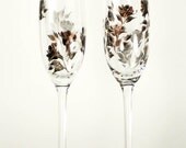 Hand Painted Champagne Glasses - Copper and Ebony Black Modern Roses, CRYSTAL Set of 4 - Abstract Wedding Toasting Flutes