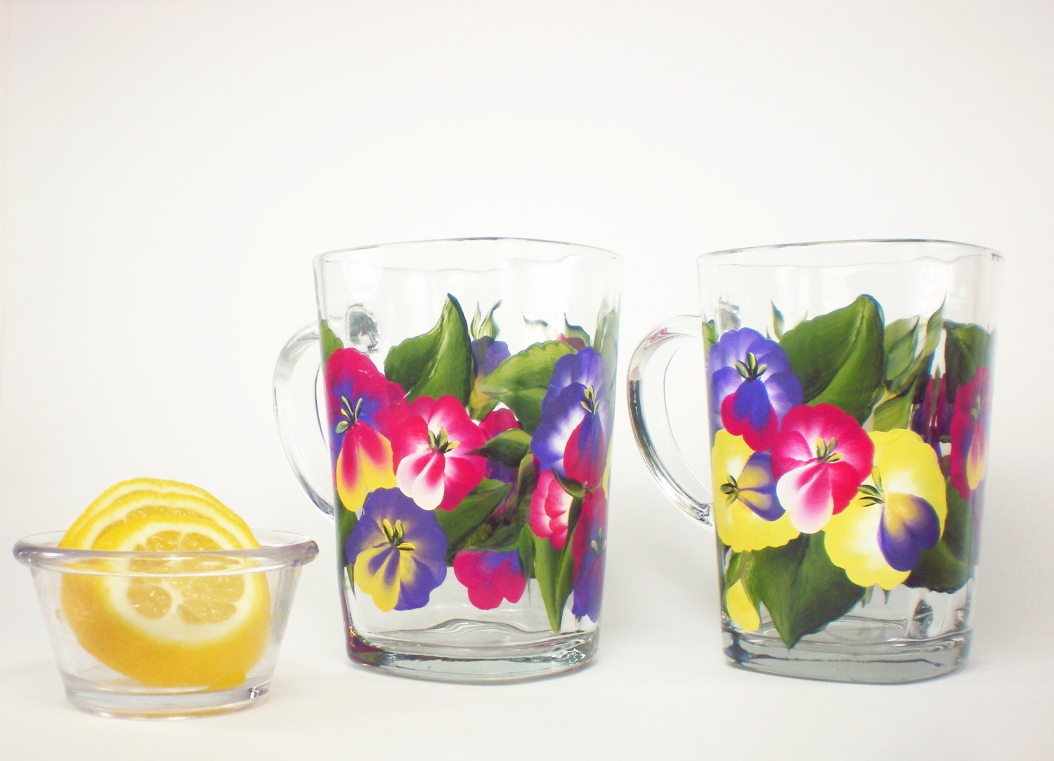 HandPainted Glass Mugs - Bright Spring Pansies Pink Purple Yellow, Coffee Tea Cup Set of 2,  Lg 16 oz - Mothers Day Summer Colorful