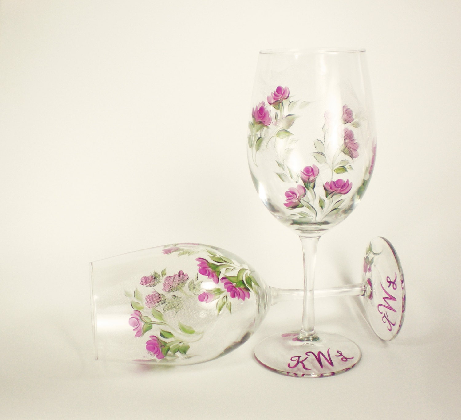 HandPainted Wine Glasses - Graceful Climbing Violet Purple Roses, Green Leaves, Set of 2 - Plum Glassware Summer Garden Wedding