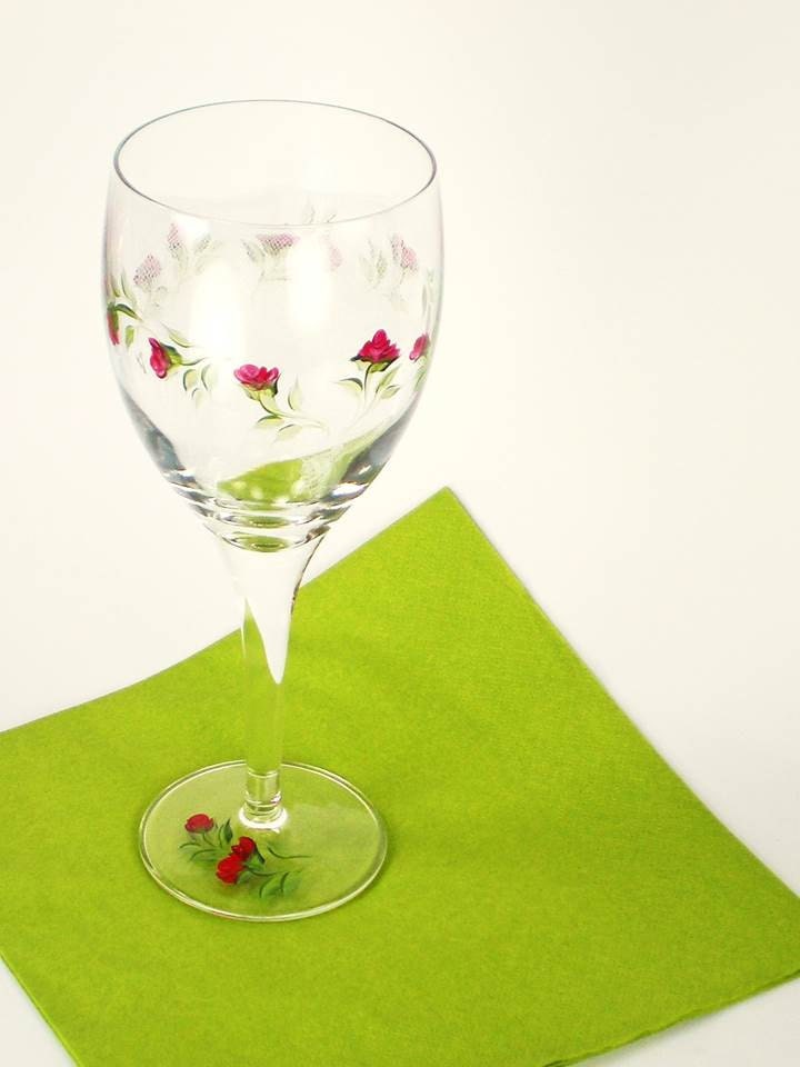 HandPainted Wine Glasses with Graceful Red Rose Buds, Green Leaves Set of 4 - Hand Painted Glassware Spring Summer Mothers Day