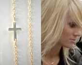 Sideways Cross Necklace, Mixed Metal Silver Cross, Celebrity Inspired Jewelry, Minimalist, Everyday