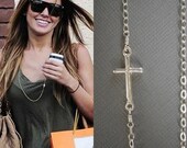 Sideways Cross Necklace, Silver Sideways Cross, Long Version, Gifts for Her, Celebrity Inspired Jewelry