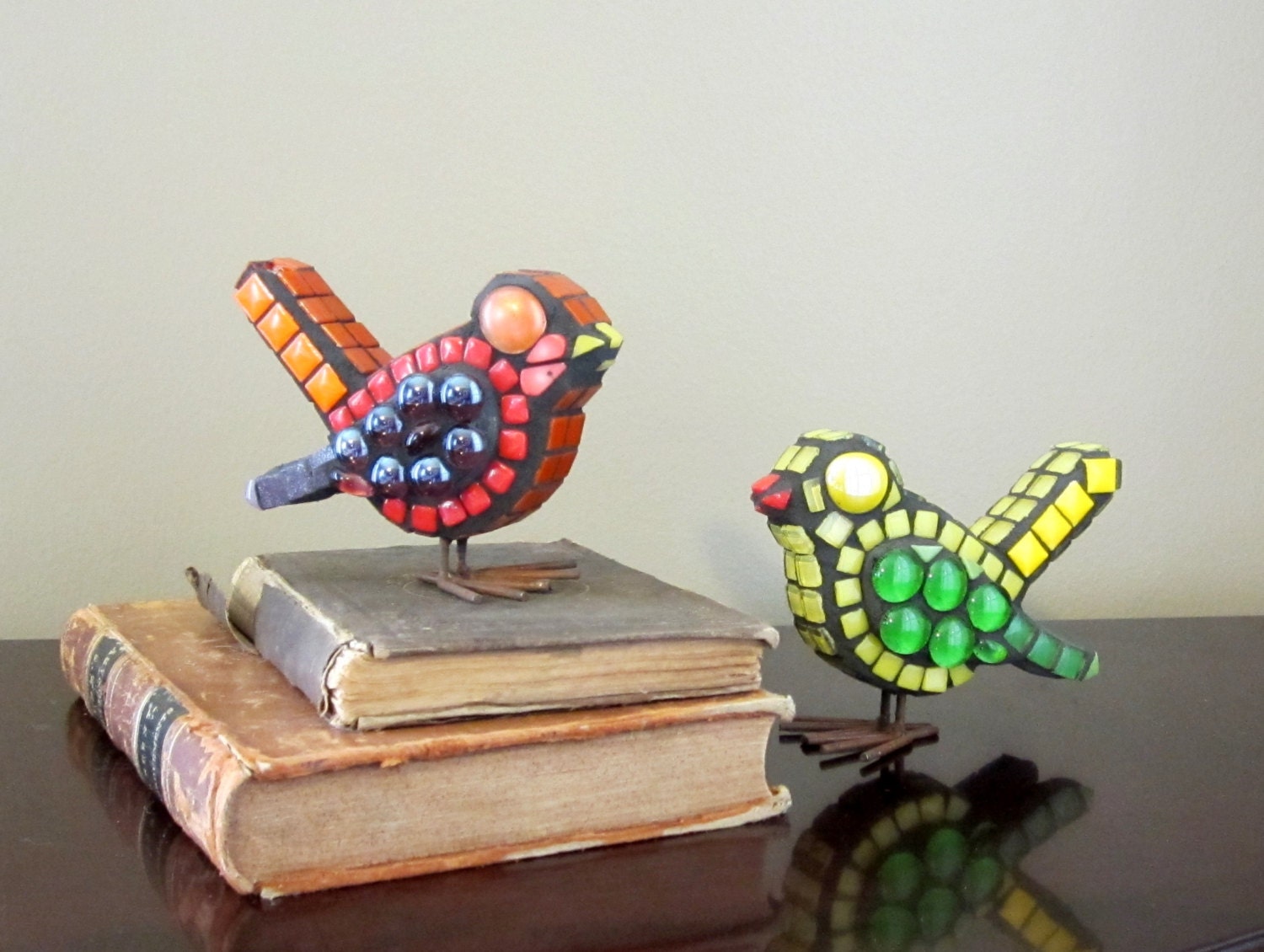 Cheerful little birdies looking for a good home...  mosaic birds, 3D, on metal feet  orange and blue, green and yellow, or custom