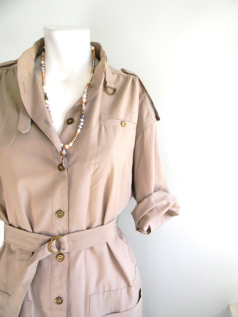 vintage. 70s Khaki Green Dress // Cotton Dress // M L