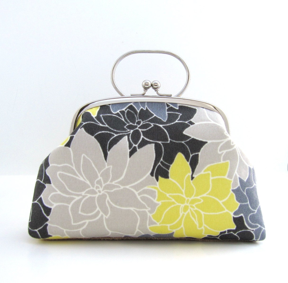 Frame Clutch bag with Handle- gray yellow dahlia