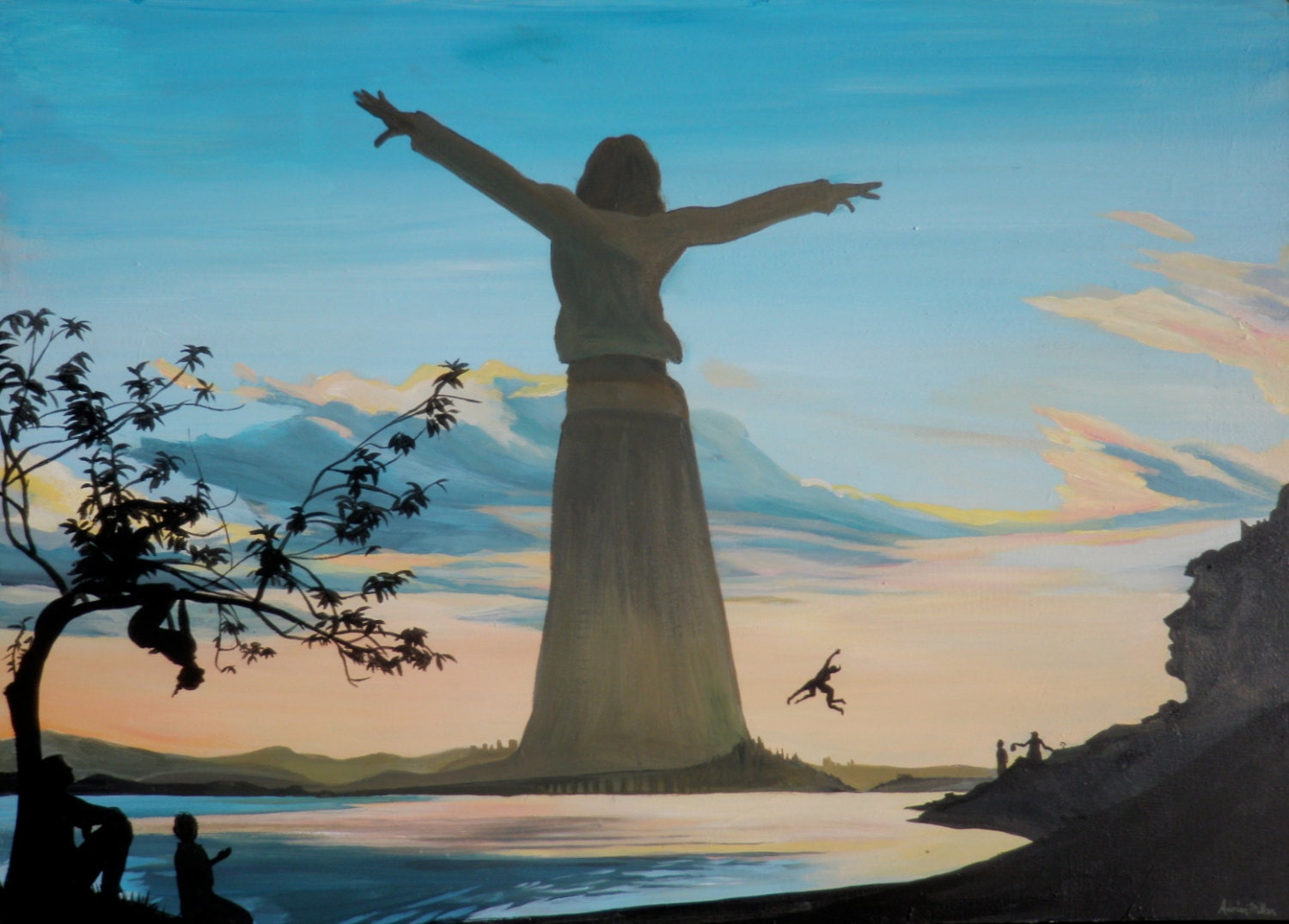 Open Earth, Original Painting with Landscape Figures, Anthropomorphic Mountains, Tree Climbers and Dancers Watch the Sunset Sky
