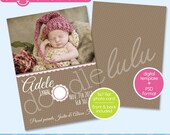 Digital Printable 5x7 Pink Brown Polka Dots Flower Monogram Baby Girl Photo Card Birth Announcement Template - DOODLELULU by 2 june bugs Il_170x135