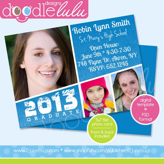 INSTANT DOWNLOAD DIY Printable Graduation Announcement 2013 5x7 Blue Photo Card Template (Photoshop) psd from Doodlelulu by 2 june bugs Il_570xn