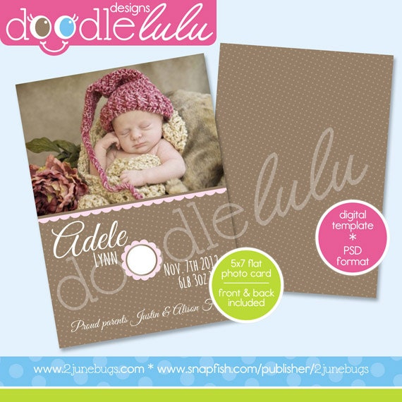 INSTANT DOWNLOAD Printable 5x7 Pink Brown Flower Monogram Baby Girl Photo Card Birth Announcement Template - Doodlulu by 2 june bugs Il_570xn