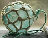 Glass Float Fishing Net Float, Authentic, Nautical decor Aqua with Original Netting