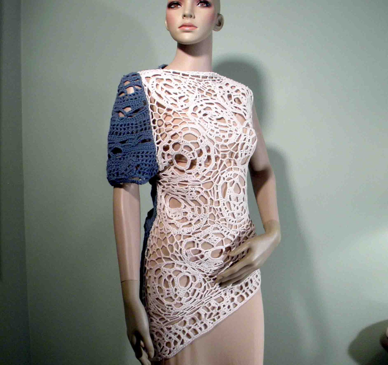 ELEGANT ASYMMETRICAL TUNIC - Signature Garment, Wearable Fiber Art, Lacy Versatile, Two Sided, Freeform Crocheted, Italian Superfine Merino