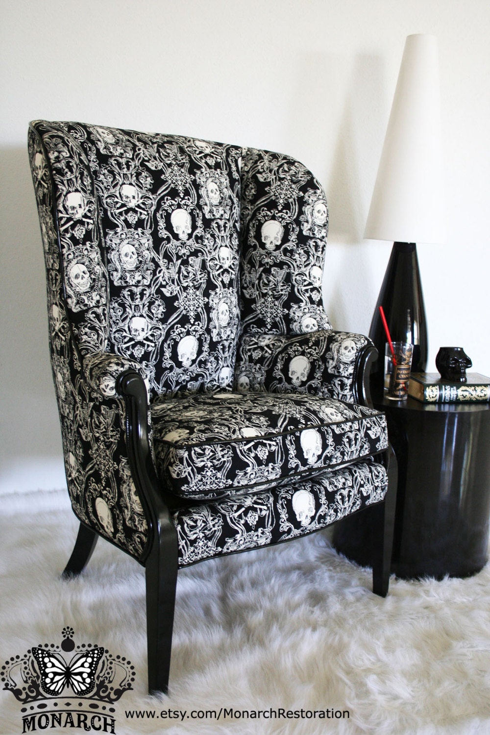 Elegant Gothic Skull Brocade Wing Back Vintage Victorian Parlor Chair