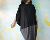 2 Tone Patched Asymmetrical Hem Black & Dark Charcoal Grey Spandex Cotton Tunic