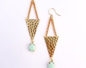 30% OFF COUPON SALE - Mint Glass & Hammered Brass Angular Earrings