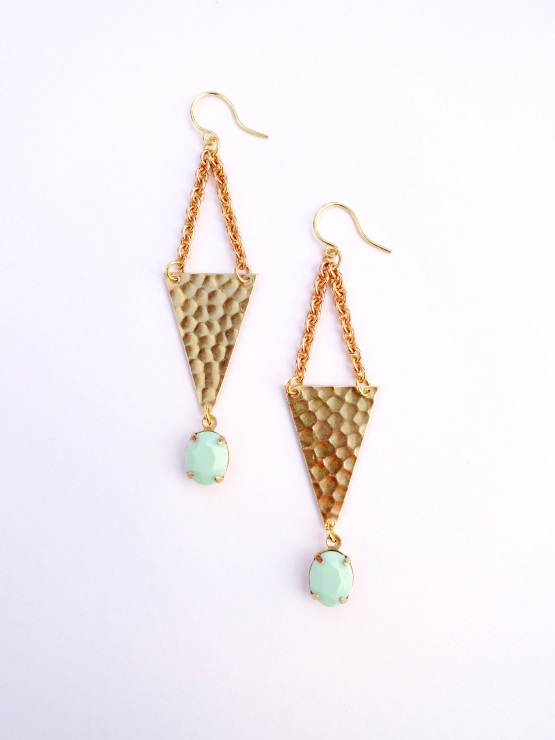 30% OFF COUPON SALE - Mint Glass & Hammered Brass Angular Earrings