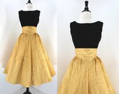 50s Dress Set Vintage Gold Lame' Full Skirt High Waist Quilted Junior Miss Label Black Velvet Top Metal Zips 1950s Dresses Skirts Tops 2 pc