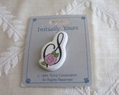 Letter S with Pink Rose Initial Pin Brooch Vintage 1980s