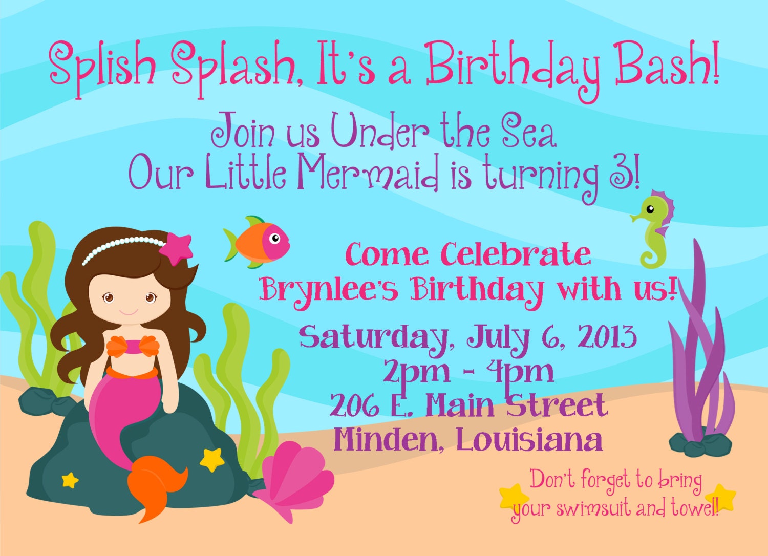 Mermaid Custom Invitation Pool Party for Girl Splish Splash It's a Birthday Bash Swim Party 5x7 JPEG or PDF Digital File for e-mail or print