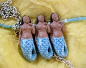 The Three Mermaids Necklace with Hand Painted Ceramic Mermaids Pearls and Vintage Aqua Glass Beach Jewelry