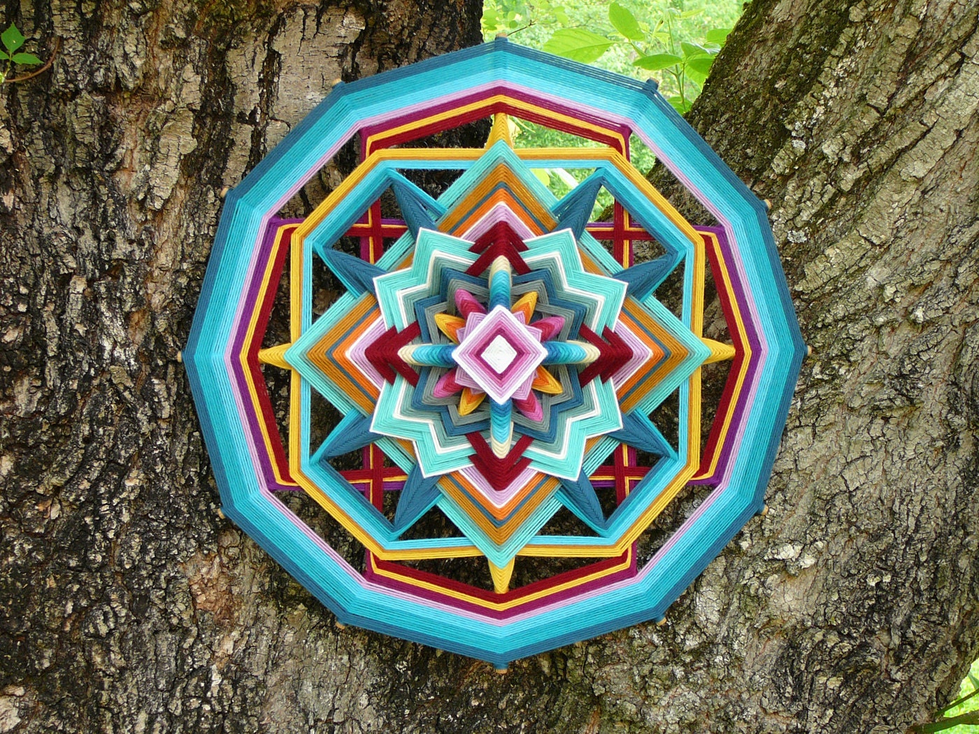 Butterfly Sky, an 18 inch, 12-sided, all wool Ojo de Dios, in stock