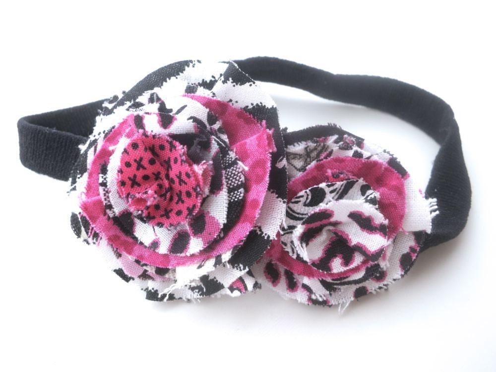 SALE Baby Headband for Spring Summer - Hot Pink Black White Leopard Print - Fabric Flower Ruffle infant Hair Band