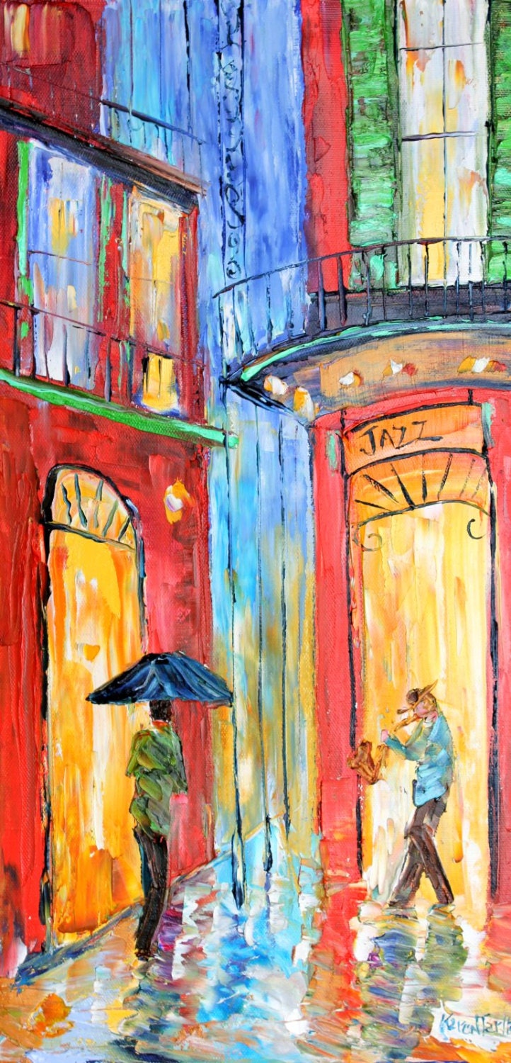 Original Oil painting New Orleans French Quarter Jazz Rain palette knife ABSTRACT modern texture fine art impressionism by Karen Tarlton