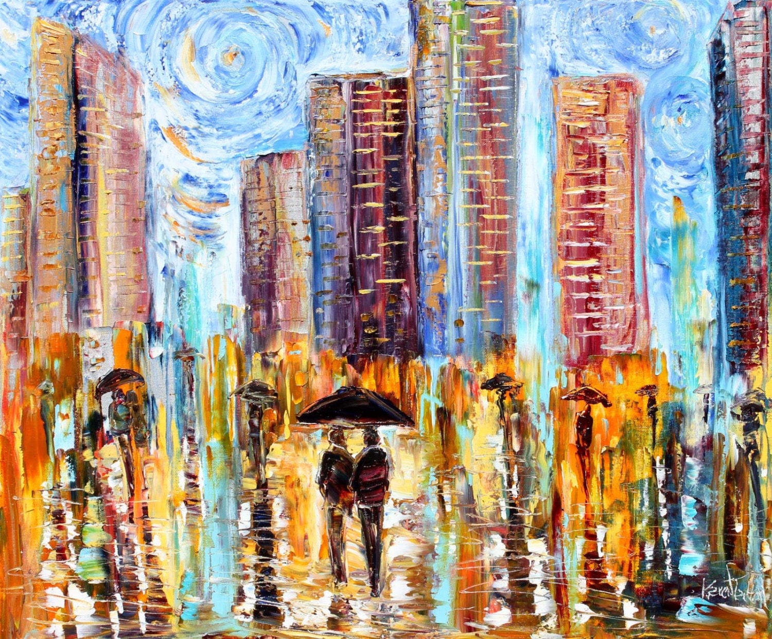 Original oil painting Abstract Night City Rain on canvas Landscape palette knife modern texture fine art impressionism by Karen Tarlton