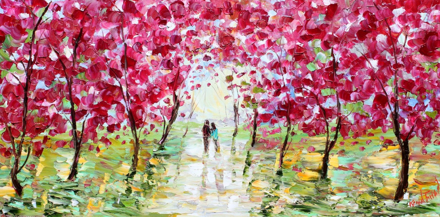 Original oil painting Spring Couple in Love Landscape Palette knife modern impressionism impasto fine art by Karen Tarlton