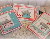 Birthday and Thank You Cards Set of 3 Handmade Hand stamped Red and Aqua