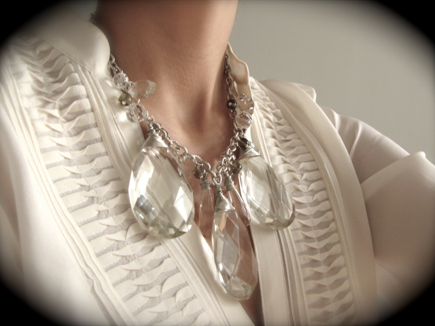 Chandelier Necklace - Reclaimed crystals, chunky silver necklace