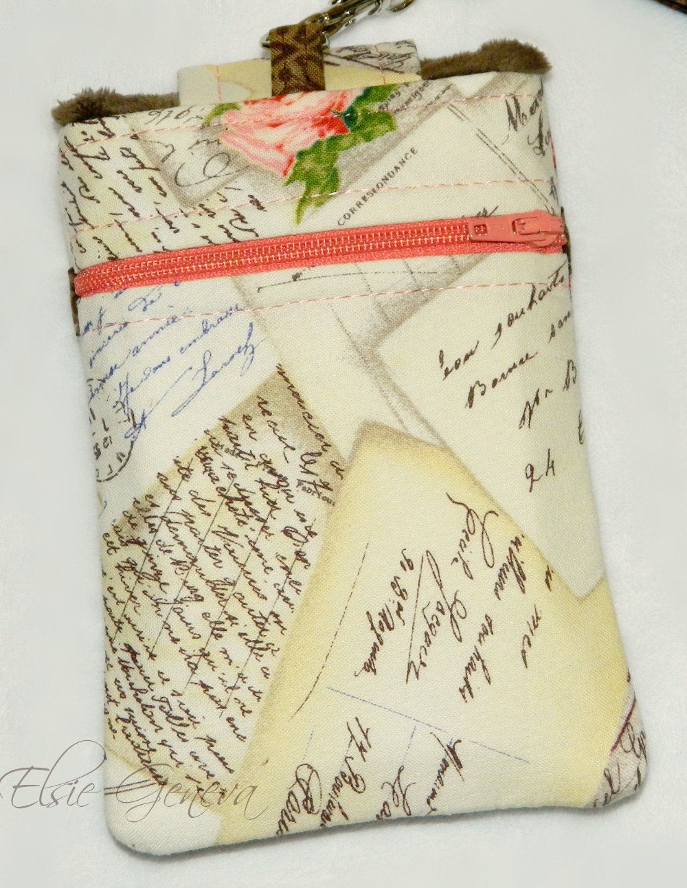 French Post Cards from Paris in Ivory Coral & Brown Phone Case with Wristlet with Button Closure with Back Zipper Pocket