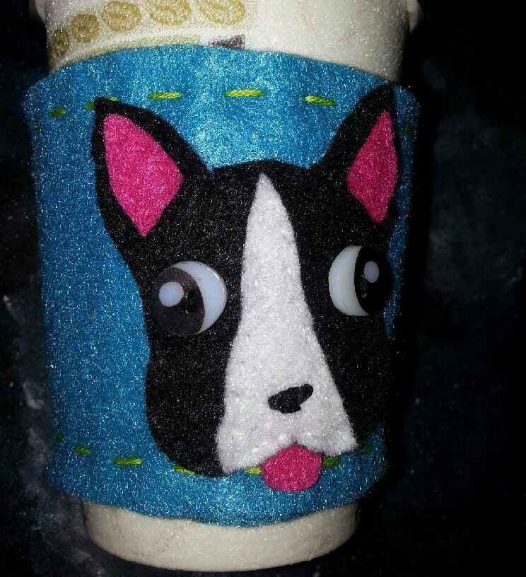 boston terrier coffee cozy blue